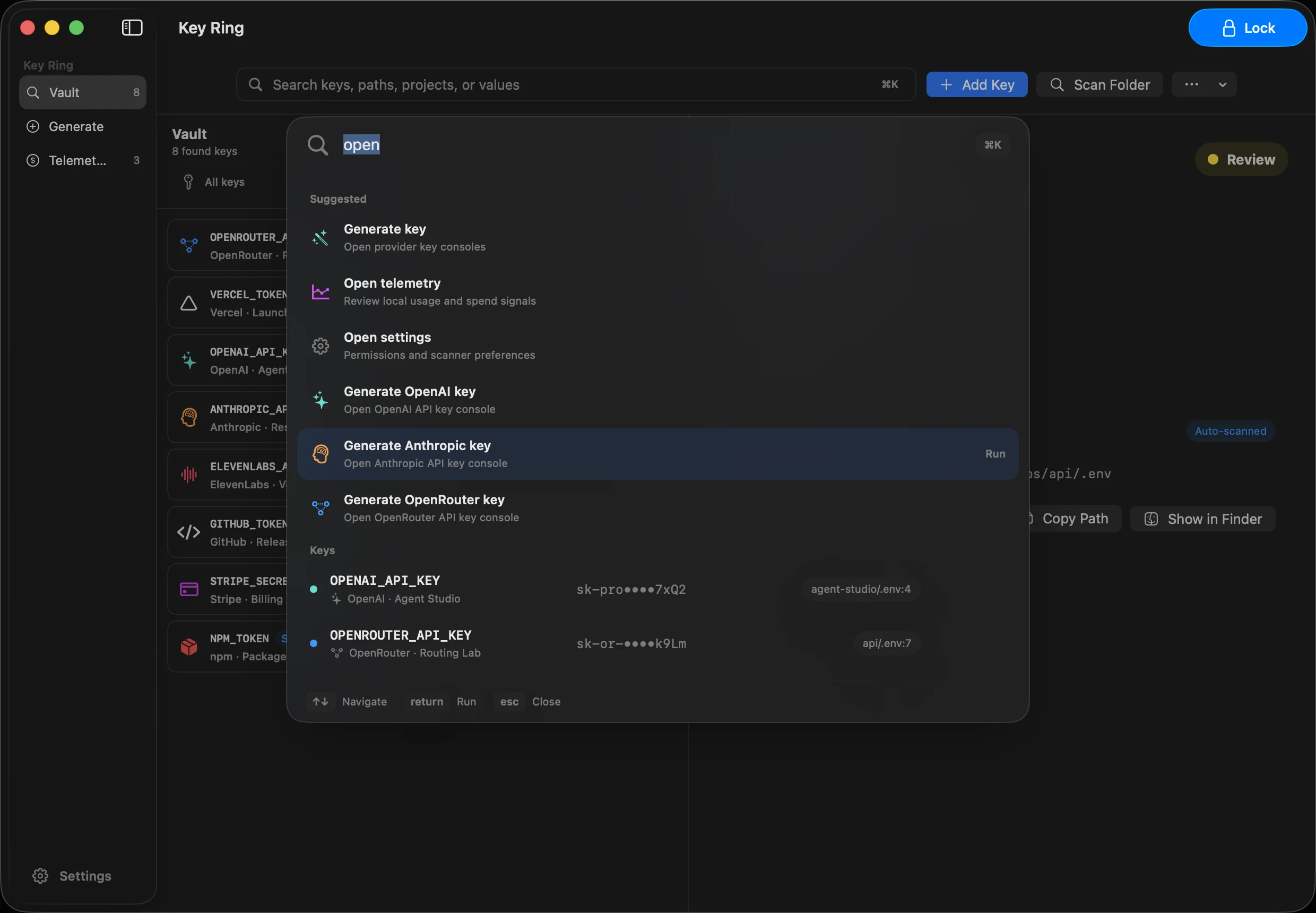 Key Ring command palette with search, commands, and recent keys