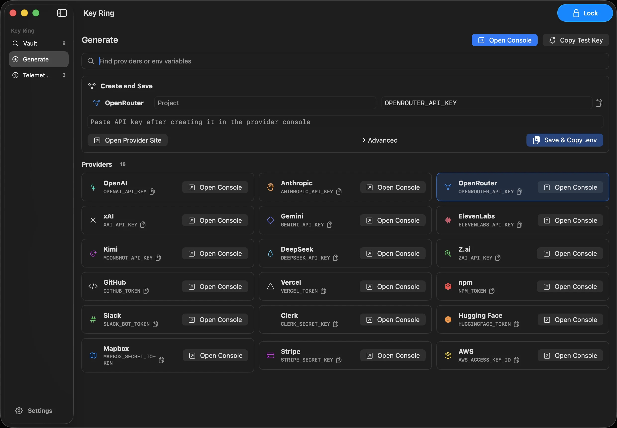 Key Ring generate screen with provider shortcuts and a new project key form