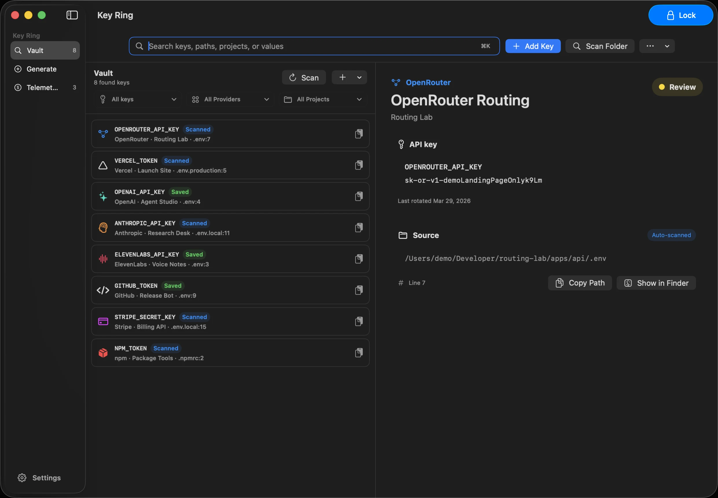 Key Ring lookup screen showing detected demo API keys and local source paths