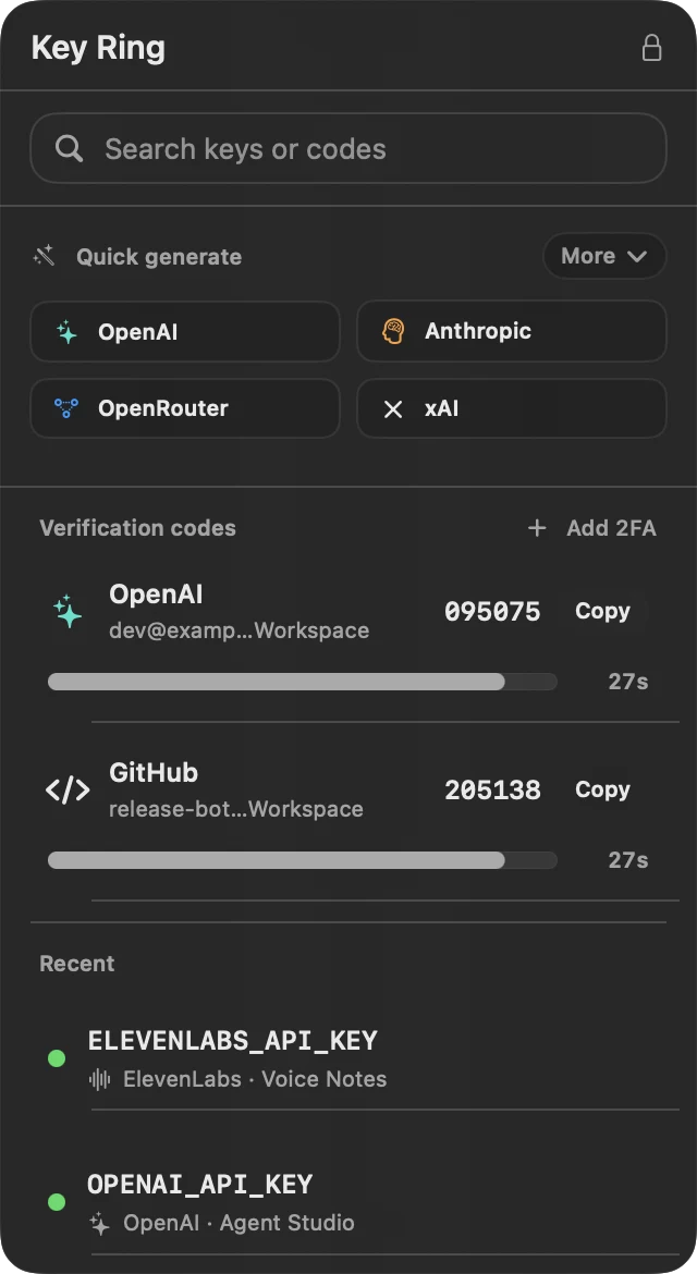 Key Ring menu bar popover with sanitized demo keys and verification codes