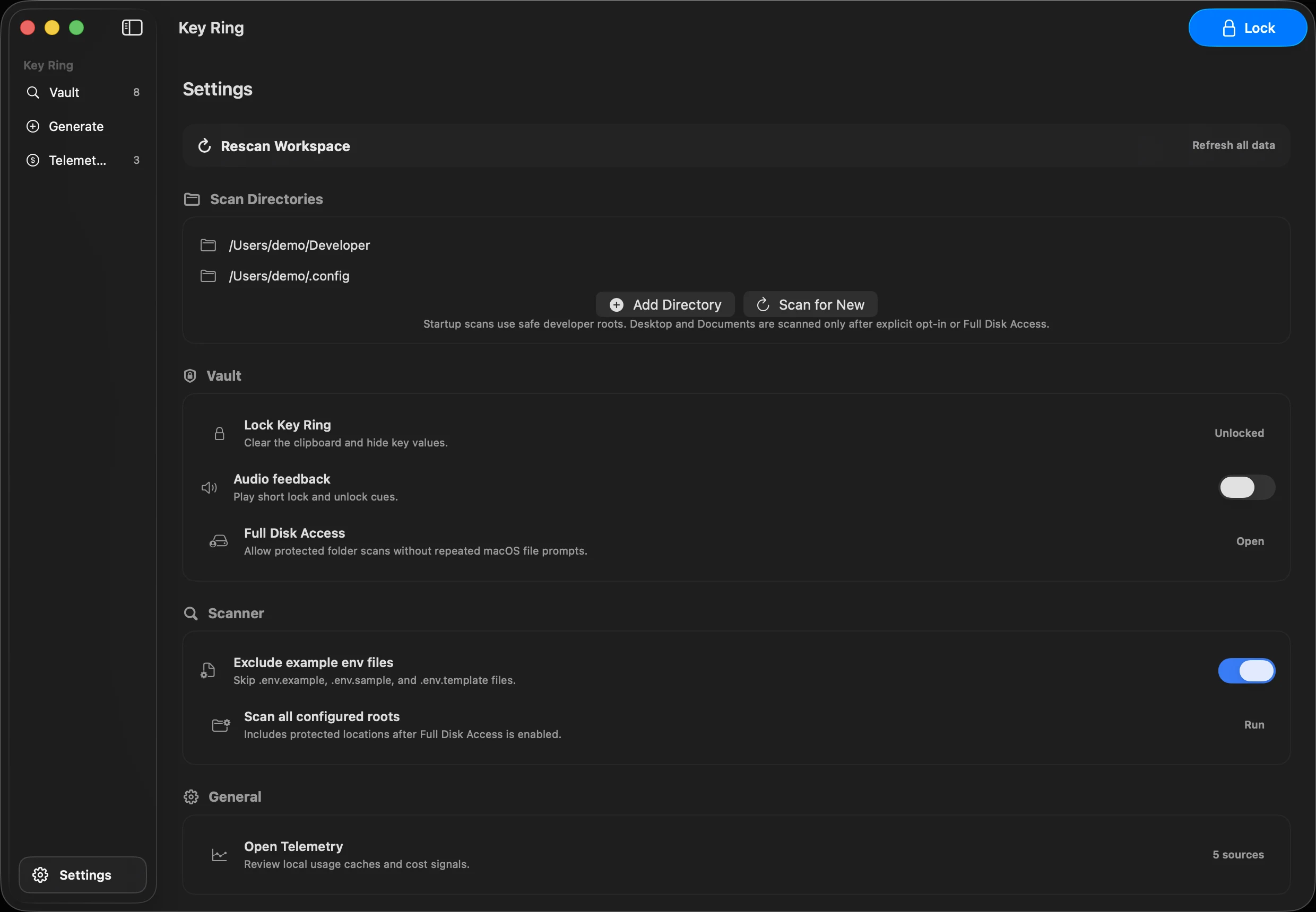 Key Ring settings screen with vault, scanner, and sound effect controls