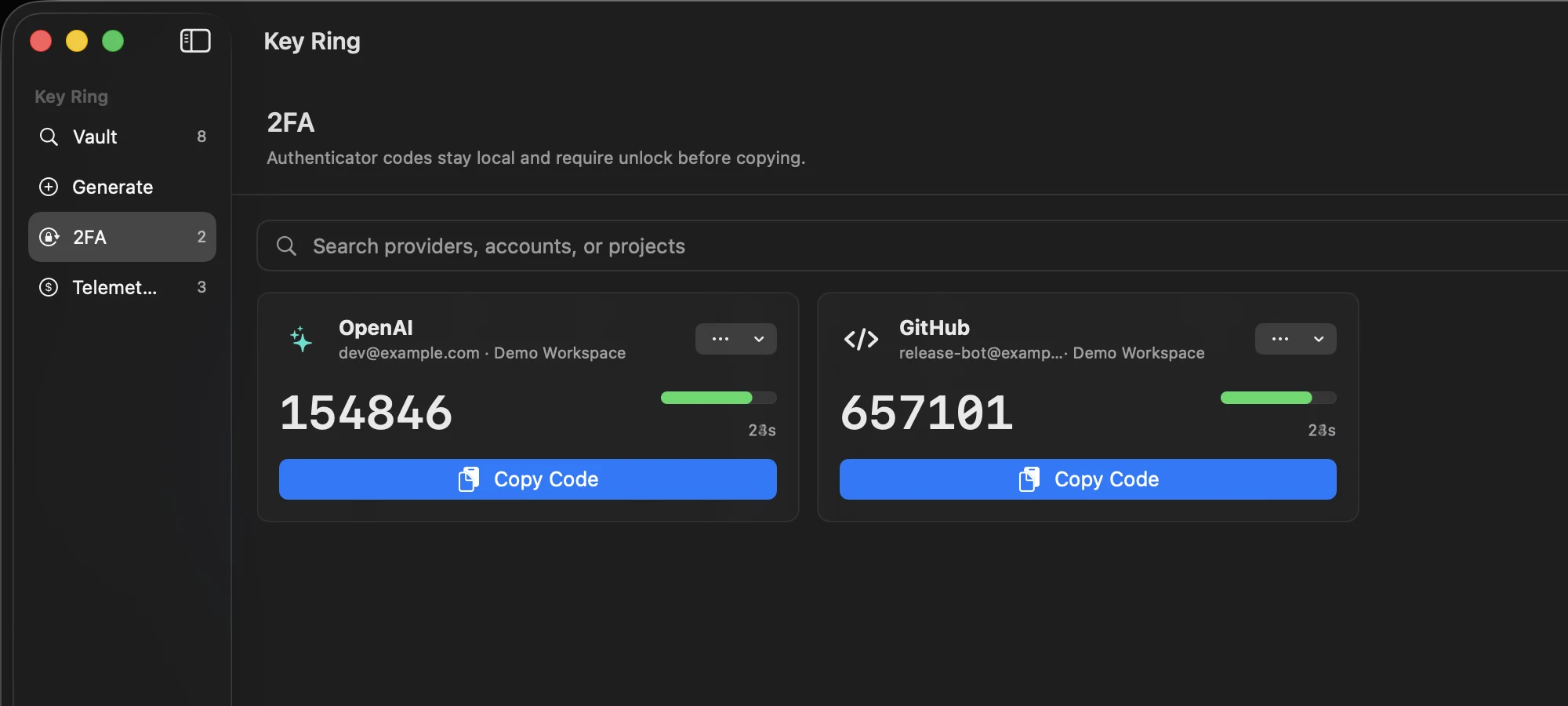 Key Ring two-factor screen with sanitized demo authenticator codes